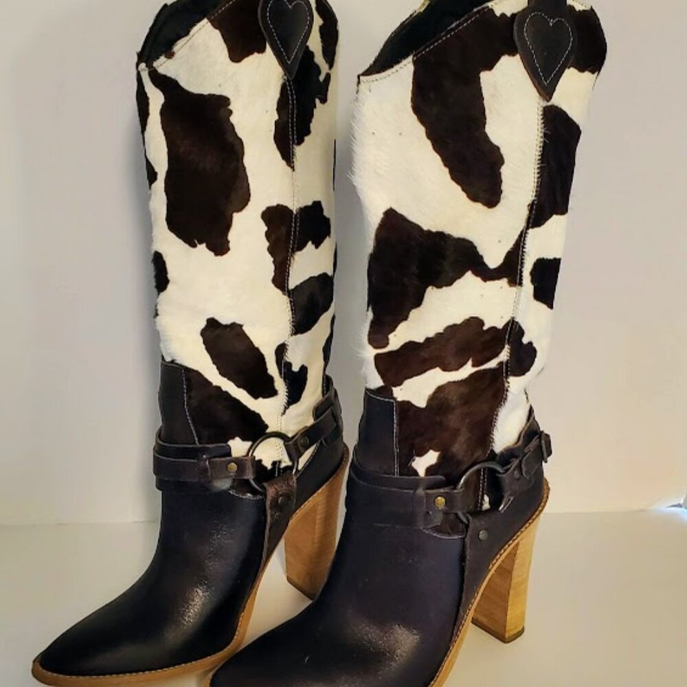 BCBGMaxAzria Cow print/Chevrette & leather Heeled Buckle Boots Size 6.5M